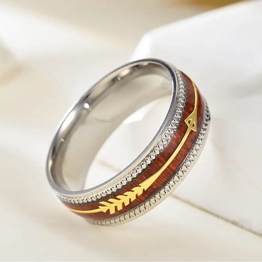 Men’s Stainless Steel Silver 8mm Wood Grain Band Size 9